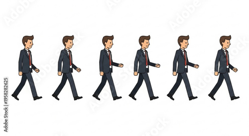 Businessman walking in various poses animation sequence cartoon style isolated on white background
