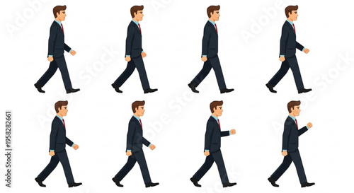 Businessman walking animation frames in dark suit on white background