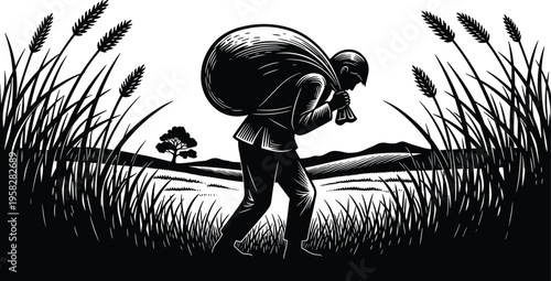 Silhouette of person carrying sack, rural landscape illustration, agricultural labor concept, migration theme art, countryside lifestyle design, high contrast graphic