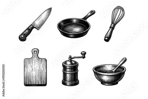 Vintage kitchen utensils set in black and white engraved illustration style with chef knife frying pan whisk cutting board rolling pin and grinder