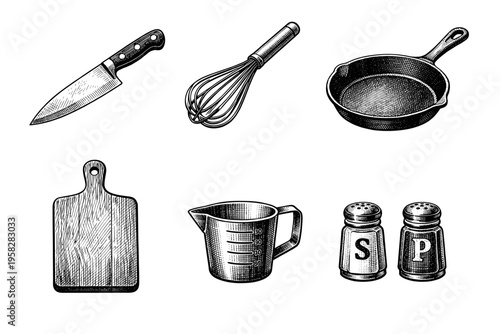 Vintage kitchen utensils set in black and white engraved illustration style with chef knife frying pan whisk cutting board rolling pin and grinder