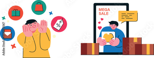 Excited shoppers enjoying an online mega sale with great discounts and deals