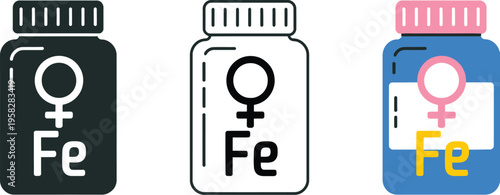 Iron supplement bottle icons, female symbol for period nutrition, women’s health and wellness, three styles: black solid silhouette, thin black outline, flat colored vector illustration.