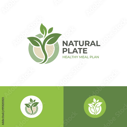 This logo elements depict a natural plate concept, focusing on health and wellness with leaf motifs that signify healthy eating and sustainable meal planning.
