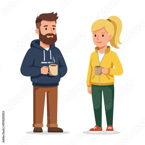This illustration depicts a relaxed couple holding coffee cups, capturing a serene moment of connection and conversation, perfect for lifestyle or beverage-related themes.
