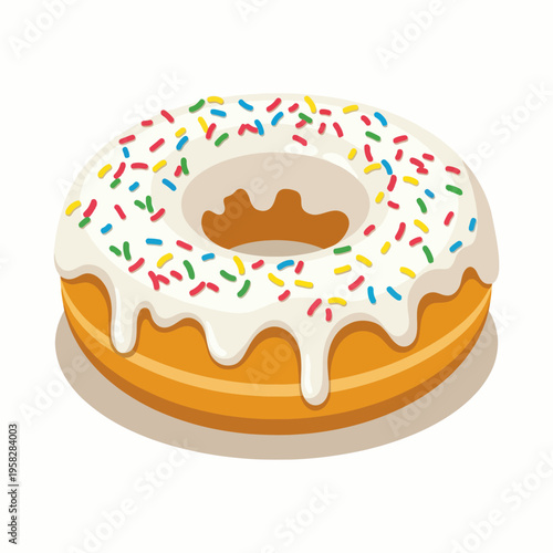 A colorful and appetizing donut topped with creamy frosting and sprinkles, evoking joy and indulgence, perfect for food blogs or bakeries showcasing their products.