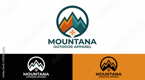 An outdoor apparel logo incorporating mountains and a compass, representing adventure and exploration, ideal for brands in the outdoor fashion and adventure gear industry.