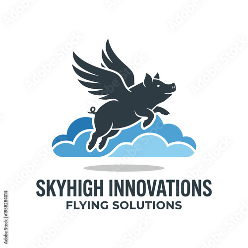 A whimsical logo featuring a flying pig above clouds, capturing creativity and ingenuity, ideal for tech firms or startups focusing on innovation and outside-the-box thinking.