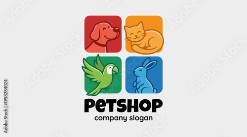 A playful and colorful logo design showcasing various pet animals, designed for a pet shop business, aimed at attracting pet lovers with its vibrant and friendly style.