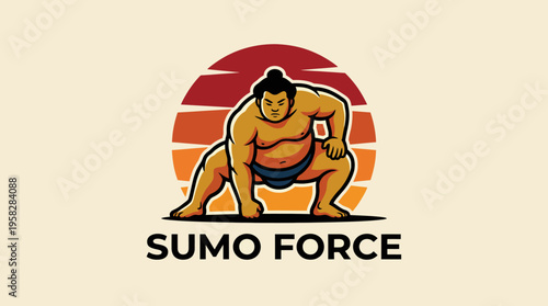 A dynamic logo design featuring a sumo wrestler in an action pose, symbolizing strength and tradition in sports, perfect for a brand focused on athleticism and cultural richness.