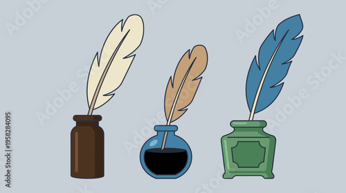 This image showcases three beautifully designed quill pens in distinctive ink pots, symbolizing creativity and the timeless art of writing and expression.