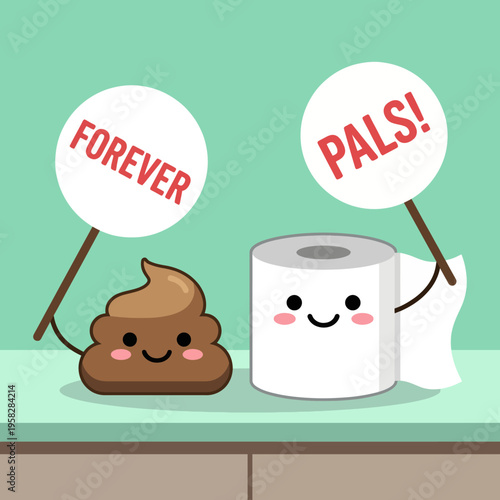 This whimsical illustration features adorable characters of poop and toilet paper holding signs, evoking humor and a light-hearted atmosphere perfect for children's content or fun branding.