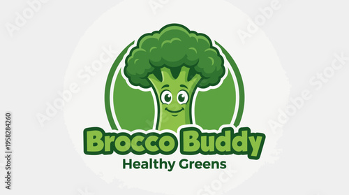 A playful broccoli character with a smiling face is illustrated in a vibrant green circle. This image is ideal for brands focusing on healthy eating or vegetables.