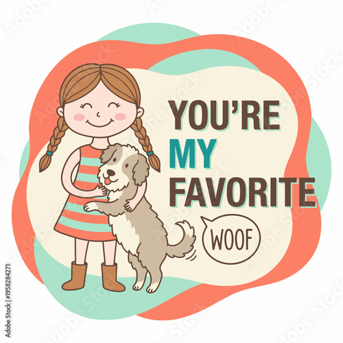 This charming illustration depicts a girl happily hugging her dog, conveying love and companionship. Perfect for pet-related content or heartfelt messages.