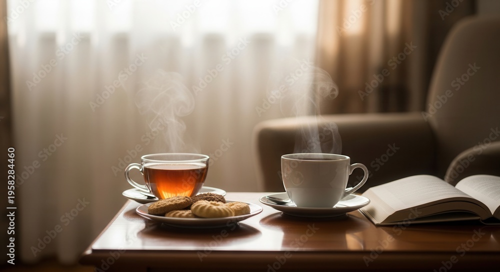 Obraz premium Cozy Morning Tea And Coffee With Biscuits And Open Book Comforting Scene