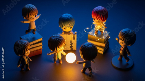 Magical Miniature Anime Characters with Glowing Lights and Stacks of Books