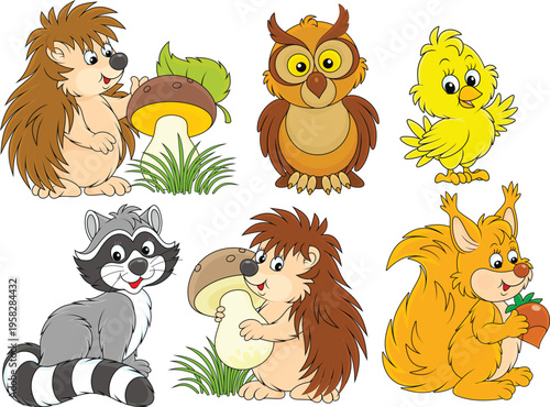 Vector cartoon set of prickly hedgehogs with mushrooms, a funny raccoon, an owl, a chick and a squirrel