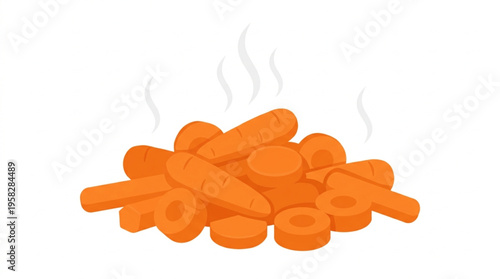 Steamed Sliced Carrots with Steam Vapor Flat Vector
