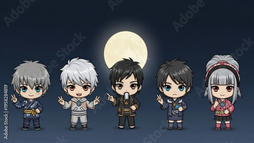 Group of Cute Chibi Anime Characters Standing Under a Large Full Moon