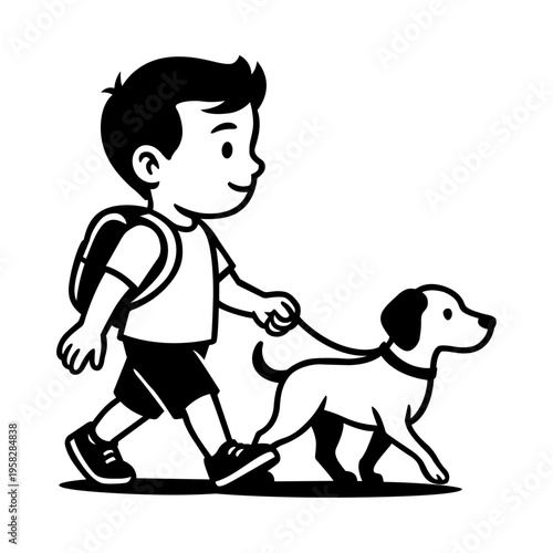 Boy Walking Dog Cartoon Black and White Illustration for Pet Care, Daily Routine, Kids Lifestyle and Friendly Animal Graphic Design