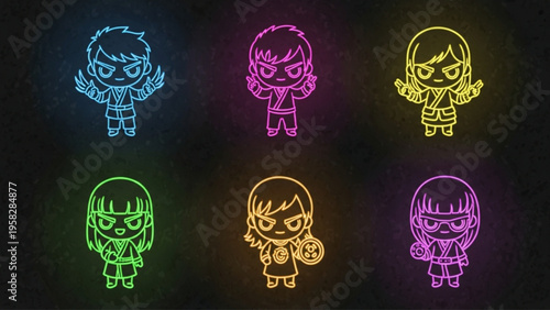 Set of Glowing Neon Chibi Karate Characters in Various Martial Arts Poses