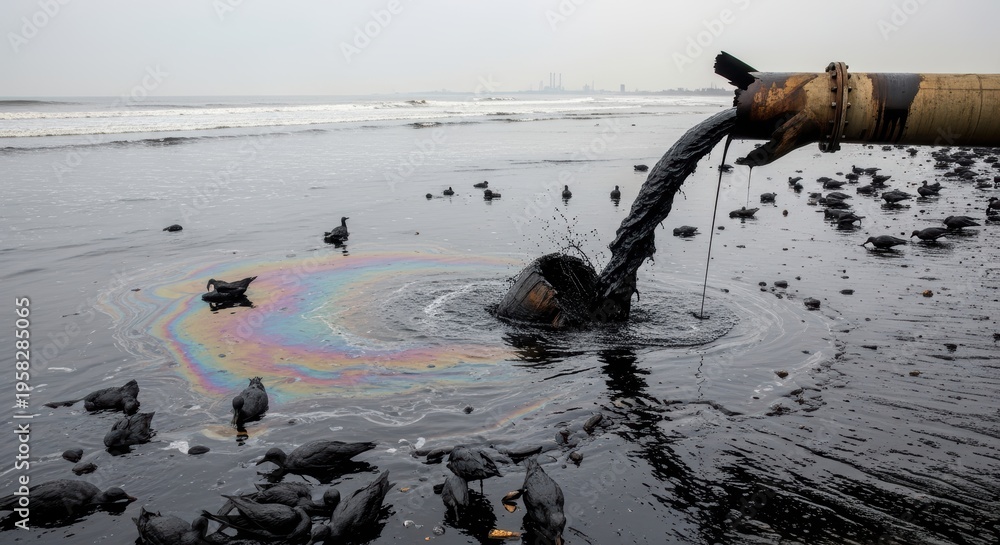 Obraz premium Dark Oily Sludge Polluting Ocean Waves and Sandy Beach with Iridescent Sheen on Water Surface