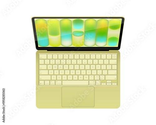 Photorealistic detailed green notebook mockup. Front view of opened notebook with keyboard isolated on transparent background. Vector illustration
