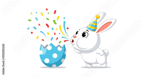 A cute cartoon bunny in a party hat blows confetti out of a blue polka-dot Easter egg on a pastel background