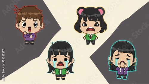 Set of Emotional Crying and Angry Chibi Anime School Children Icons