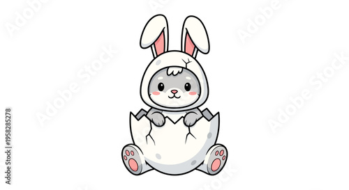 Cute cartoon bunny emerges from an eggshell with pink accents and bunny ears on a white background with pastel colors