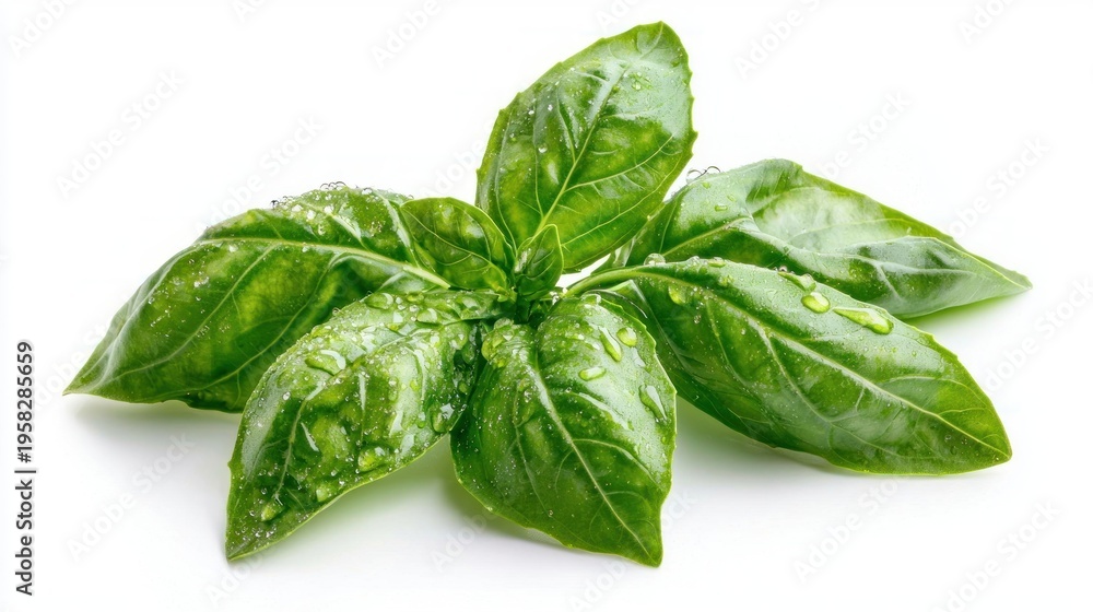 Fototapeta premium misted basil sprigs Vibrant green basil leaves covered in glistening water droplets, fresh herb texture with natural dew isolated on white background