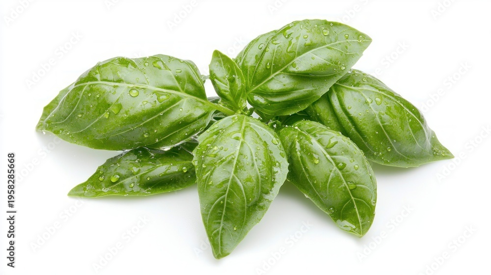 Fototapeta premium misted basil sprigs vibrant fresh cluster of green basil leaves covered in refreshing water droplets isolated on white background