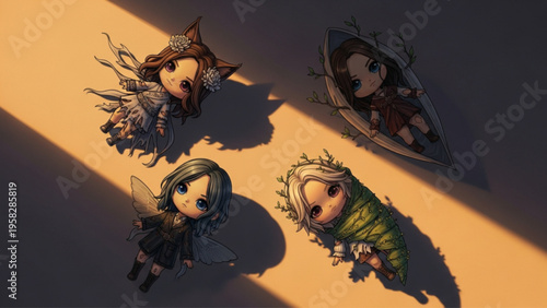 Collection of Four Cute Fantasy Chibi Character Dolls in Dramatic Lighting