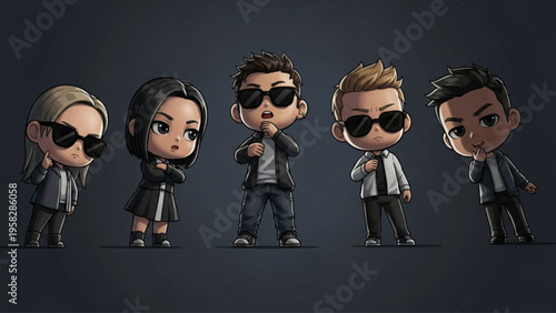 Group of Cool Chibi Characters in Sunglasses Secret Agent Style Illustration