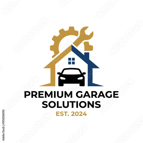 An artistic logo representing premium garage solutions, featuring a house silhouette, car icon, and gear, all reflecting the modern approach to vehicle maintenance and storage.