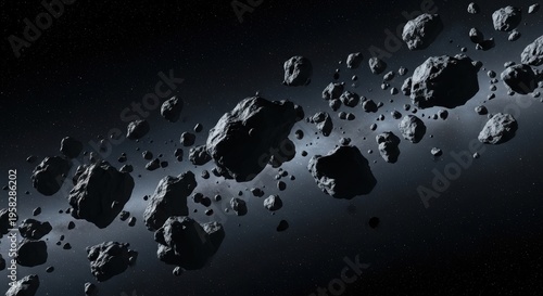 A sparse, rocky asteroid field drifts through the dark expanse of space, creating a visually stunning cosmic panorama.
