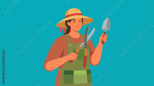 This bright illustration features a woman holding gardening tools, embodying the joy of gardening and connection with nature while promoting creativity and growth.