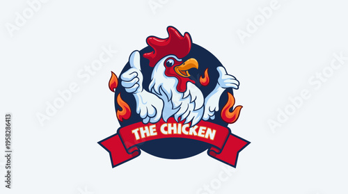 A charming, cartoon-style rooster mascot thumbs up, surrounded by flames, embodying energy and fun. This lively character is perfect for branding in the food industry.