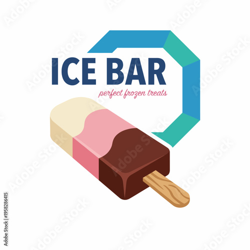 A playful logo depicting an ice cream bar in chocolate, strawberry, and vanilla flavors, showcasing freshness and indulgence. Ideal for frozen treat branding and products.