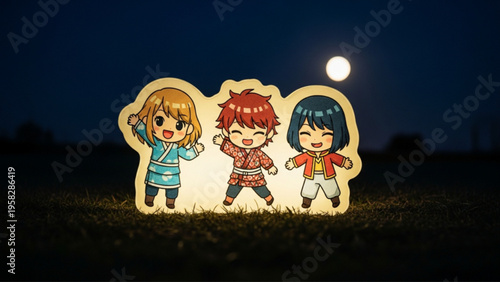 Three Cute Chibi Anime Characters Glowing Under Full Moon Night Sky