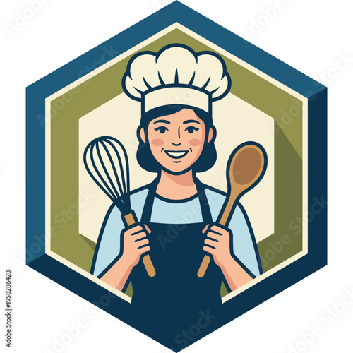 A cartoon chef holding a whisk and wooden spoon symbolizes culinary expertise and passion for cooking, making it ideal for any food-related branding or advertising.