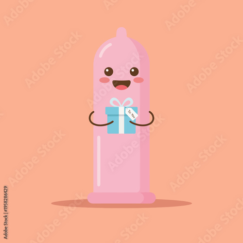 A cute, cartoon style condom character holding a gift represents fun and safety in sexual health. Ideal for organizations promoting awareness about safe practices and health education.