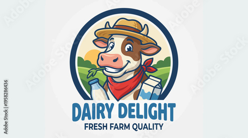 This cartoon cow character wearing a straw hat and holding milk symbolizes freshness and quality in dairy. Perfect for a brand focused on farm-fresh products and wholesome goodness.