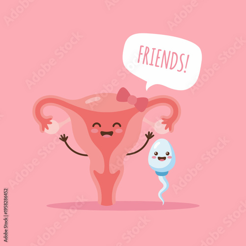 This delightful illustration features a cheerful uterus and sperm character promoting friendship, making it a playful and educational image for health or children's contexts.