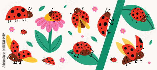Cute ladybug set. Colorful garden insects in different poses with flowers and leaves. Spring nature illustration for kids, nursery decor and stickers. Vector illustration isolated on white background.