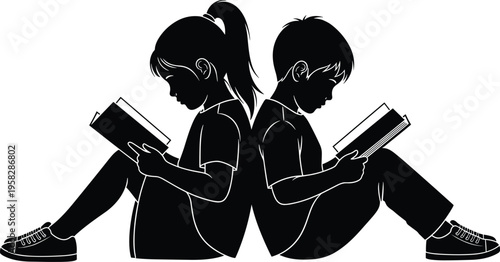 Children reading books silhouette kids sitting back to back study learning education concept isolated black figures school knowledge imagination
