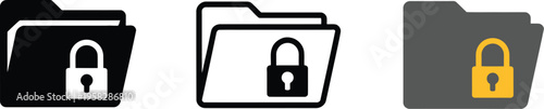 Locked folder icons, hidden folder symbols, privacy, sensitive content, file encryption, and secure data storage, flat vector outline and colored illustration