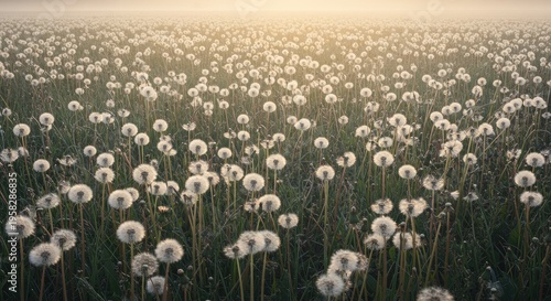 Dandelion Seed Heads in Golden Light: A Dreamy Meadow Landscape