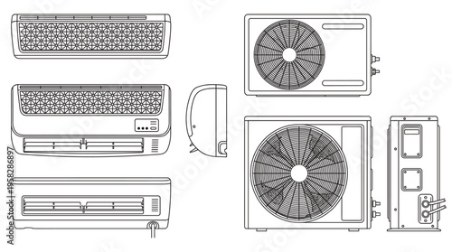 Air Conditioner Coloring Page Vector, Home Appliance Line Art Illustration with Front Side and Rear Views