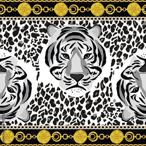Vector  seamless pattern with  tiger print and golden chains. Abstract  illustration on animal background